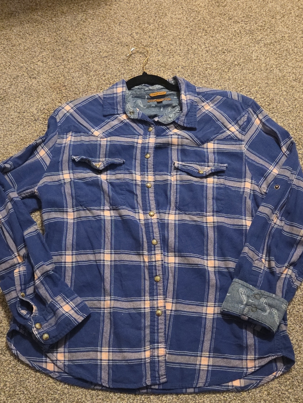 JACHS Girlfriend Blue and Light Beige Plaid Button-Down Shirt